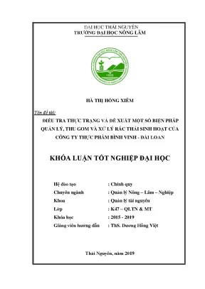 Luận văn điều tra thực trạng và đề xuất một số biện pháp quản lý thu gom và xử lý rác thải sinh hoạt của công ty thực phẩm bình vinh đài loan