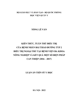 Luận án tiến sĩ kiến thức tuân thủ điều trị của bệnh nhân đái tháo đường týp 2 điều trị ngoại trú tại bệnh viện đa khoa nông nghiệp và kết quả một số biện pháp can thiệp