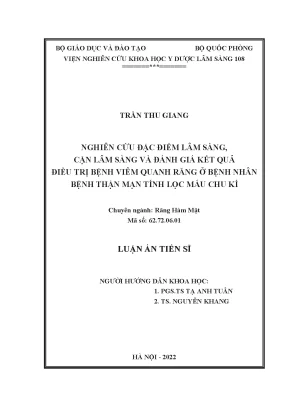 Luận án tiến sĩ y học nghiên cứu đặc điểm lâm sàng cận lâm sàng và đánh giá kết quả điều trị bệnh viêm quanh răng ở bệnh nhân bệnh thận mạn tính lọc máu chu kì
