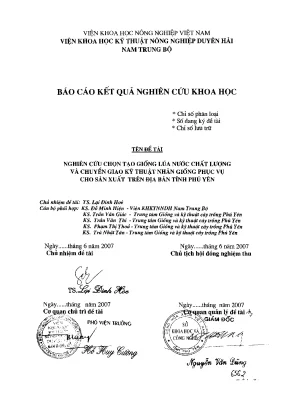 Luận văn báo cáo kết quả nghiên cứu khoa học nghiên cứu chọn tạo giống lúa nước chất lượng và chuyển giao kỹ thuật nhân giống phục vụ cho sản xuất trên địa bàn tỉnh phú yên