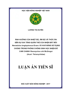 Luận án tiến sĩ ảnh hưởng của nhiệt độ ẩm độ và thức ăn đến sự gia tăng quần thể của nhện bắt mồi neoseiulus longispinosus evans và khả năng sử dụng chúng trong phòng chống sinh học nhện đỏ cam chanh