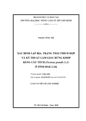 Luận án tiến sĩ xác định lập địa trạng thái thích hợp và kỹ thuật làm giàu rừng khộp bằng cây tếch tectona grandis l f ở tỉnh đăk lăk