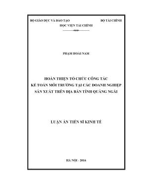 Luận án tiến sĩ hoàn thiện tổ chức công tác kế toán môi trường tại các doanh nghiệp sản xuất trên địa bàn tỉnh quảng ngãi