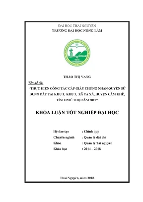 Luận văn thực hiện công tác cấp giấy chứng nhận quyền sử dụng đất tại khu 1 khu 5 xã tạ xá huyện cẩm khê tỉnh phú thọ năm 2017