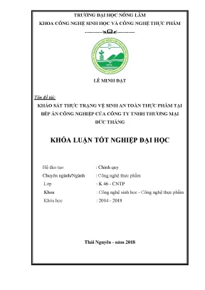 Luận văn khảo sát thực trạng vệ sinh an toàn thực phẩm tại bếp ăn công nghiệp của công ty tnhh thương mại đức thắng thành phố bắc giang