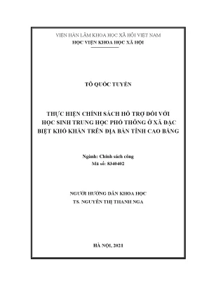 Luận văn thạc sĩ thực hiện chính sách hỗ trợ đối với học sinh trường trung học phổ thông ở xã đặc biệt khó khăn trên địa bàn tỉnh cao bằng