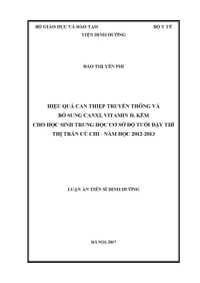 Luận án tiến sĩ hiệu quả can thiệp truyền thông và bổ sung canxi vitamin d kẽm cho học sinh trung học cơ sở độ tuổi dậy thì tại thị trấn củ chi