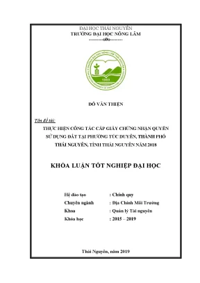 Luận văn thực hiện công tác cấp giấy chứng nhận quyền sử dụng đất tại phường túc duyên thành phố thái nguyên tỉnh thái nguyên 2018