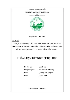 Luận văn thực hiện công tác kê khai đăng ký cấp đổi cấp mới giấy chứng nhận quyền sử dụng đất trên địa bàn xã biên sơn huyện lục ngạn tỉnh bắc giang