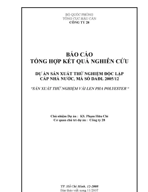 Luận văn báo cáo tổng hợp kết quả nghiên cứu dự án sản xuất thử nghiệm độc lập cấp nhà nước mã số dađl sản xuất thử nghiệm vải len pha polyester ks phạm hữu chí