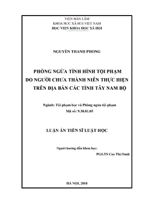 Luận án tiến sĩ luật học phòng ngừa tình hình tội phạm do người chưa thành niên thực hiện trên địa bàn các tỉnh tây nam bộ