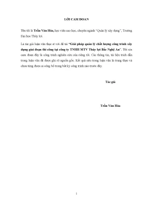 Luận văn thạc sĩ giải pháp quản lý chất lượng công trình xây dựng giai đoạn thi công tại công ty trách nhiệm hữu hạn một thành viên thủy lợi bắc nghệ an