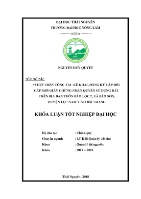 Luận văn thực hiện công tác kê khai đăng ký cấp đổi cấp mới giấy chứng nhận quyền sử dụng đất trên địa bàn thôn bảo lộc 2 xã bảo sơn huyện lục nam