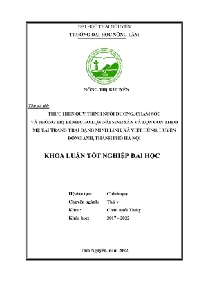 Luận văn thạc sĩ thực hiện quy trình nuôi dưỡng chăm sóc và phòng trị bệnh cho lợn nái sinh sản và lợn con theo mẹ tại trang trại đặng minh linh xã việt hùng huyện đông anh