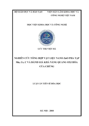 Luận án tiến sĩ hóa học nghiên cứu tổng hợp vật liệu nano hệ zno pha tạp mn ce c và đánh giá khả năng quang oxi hóa của chúng