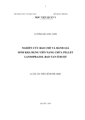 Luận án tiến sĩ dược học nghiên cứu bào chế và đánh giá sinh khả dụng viên nang chứa pellet lansoprazol bao tan ở ruột