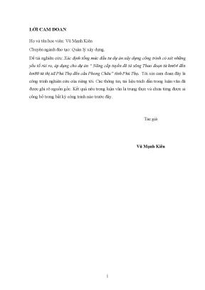 Luận văn thạc sĩ xác định tổng mức đầu tư dự án xây dựng công trình có xét những yếu tố rủi ro áp dụng cho dự án nâng cấp tuyến đê tả sông thao đoạn từ km64 đến km80 từ thị xã phú thọ đến cầu phong châu tỉnh phú thọ