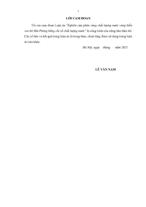 Luận án tiến sĩ quản lý tài nguyên và môi trường nghiên cứu phân vùng chất lượng nước vùng biển ven bờ hải phòng bằng chỉ số chất lượng nước