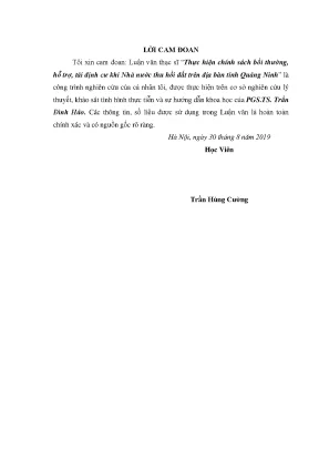 Luận văn thạc sĩ chính sách công thực hiện chính sách bồi thường hỗ trợ tái định cư khi nhà nước thu hồi đất trên địa bàn tỉnh quảng ninh