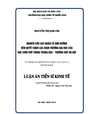 Luận án tiến sĩ nghiên cứu các nhân tố ảnh hưởng đến quyết định lựa chọn trường đại học của học sinh phổ thông trung học trường hợp hà nội