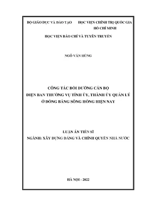 Luận án tiến sĩ xây dựng đảng và chính quyền nhà nước công tác bồi dưỡng cán bộ diện ban thường vụ tỉnh ủy thành ủy quản lý ở đồng bằng sông hồng hiện nay