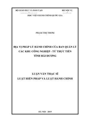 Luận văn thạc sĩ luật hành chính địa vị pháp lý hành chính của ban quản lý các khu công nghiệp từ thực tiễn tỉnh hải dương