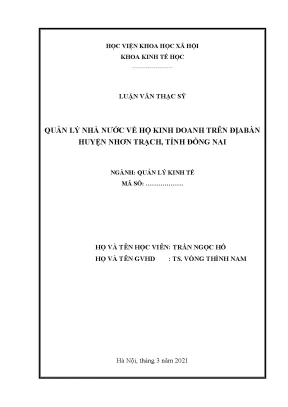 Luận văn thạc sĩ quản lý nhà nước về hộ kinh doanh trên địa bàn huyện nhơn trạch tỉnh đồng nai