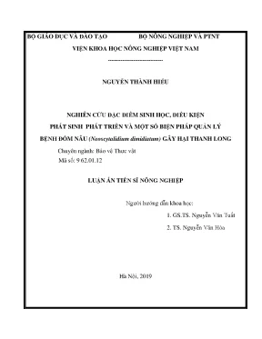 Luận án tiến sĩ nông nghiệp nghiên cứu đặc điểm sinh học điều kiện phát sinh phát triển bệnh và một số biện pháp quản lý bệnh đốm nâu neoscytalidium dimidiatum gây hại thanh long