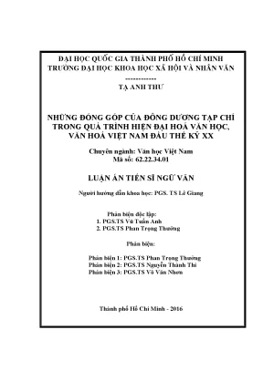 Luận án tiến sĩ ngữ văn những đóng góp của đông dương tạp chí trong quá trình hiện đại hóa văn học văn hóa việt nam đầu thế kỷ xx