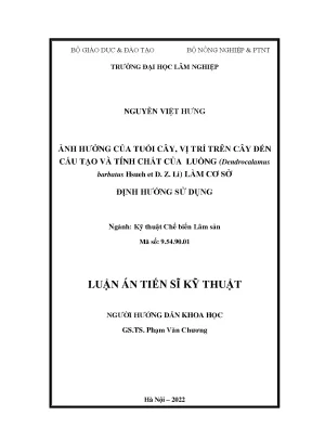 Luận án tiến sĩ kỹ thuật ảnh hưởng của tuổi cây vị trí trên cây đến cấu tạo và tính chất của luồng dendrocalamus barbatus hsueh et d z li làm cơ sở định hướng sử dụng