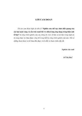 Luận án tiến sĩ vật lý nghiên cứu chế tạo và khảo sát tính chất quang của các cấu trúc nano vàng dạng cầu dạng thanh và dạng lõi vỏ silica vàng định hướng ứng dụng trong y sinh