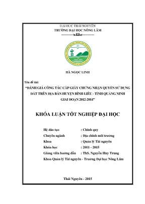 Luận văn thạc sĩ đánh giá công tác cấp giấy chứng nhận quyền sử dụng đất trên địa bàn huyện bình liêu tỉnh quảng ninh giai đoạn 2012 2014