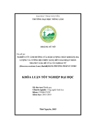 Luận văn thạc sĩ nghiên cứu ảnh hưởng của hàm lượng chất khoáng đa lượng và cường độ chiếu sáng đến giai đoạn nhân nhanh và ra rễ của cây khoai từ