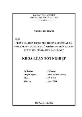 Luận văn thạc sĩ đánh giá hiện trạng môi trường nước mặt tại một số khu vực nguy cơ ô nhiễm cao trên địa bàn huyện yên dũng tỉnh bắc giang