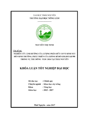 Luận văn nghiên cứu ảnh hưởng của lượng phân hữu cơ vi sinh ntt đến sinh trưởng phát triển giống bí đỏ goldstar 998 trong vụ thu đông năm 2016