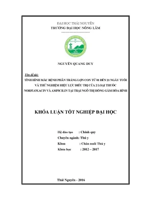 Luận văn thạc sĩ tình hình mắc bệnh phân trắng lợn con từ 01 đến 21 ngày tuổi và thử nghiệm hiệu lực điều trị của 2 loại thuốc nor 100 và amcolis tại trại ngô thị hồng gấm
