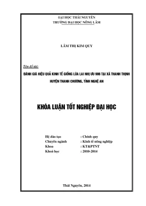 Luận văn thạc sĩ đánh giá hiệu quả kinh tế giống lúa lai nhị ưu 986 tại xã thanh thịnh huyện thanh chương tỉnh nghệ an