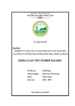 Luận văn thạc sĩ nghiên cứu đề xuất các giải pháp sản xuất sạch hơn tại công ty cổ phần mía đường phục hòa tỉnh cao bằng