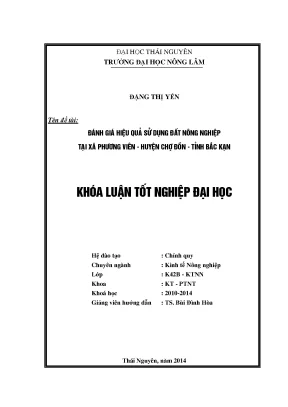 Luận văn thạc sĩ đánh giá hiệu quả sử dụng đất nông nghiệp tại xã phương viên huyện chợ đồn tỉnh bắc kạn