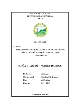 Luận văn thạc sĩ đánh giá công tác quản lý nhà nước về môi trường trên địa bàn xã vinh quý huyện hạ lang tỉnh cao bằng