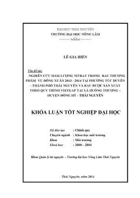 Luận văn thạc sĩ nghiên cứu hàm lượng nitrat trong rau thương phẩm vụ đông xuân 2013 2014 tại phường túc duyên thành phố thái nguyên và rau được sản xuất theo quy trình vietgap