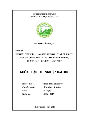 Luận văn nghiên cứu khả năng sinh trưởng phát triển của một số giống lúa lai tại thị trấn cao lộc huyện cao lộc tỉnh lạng sơn
