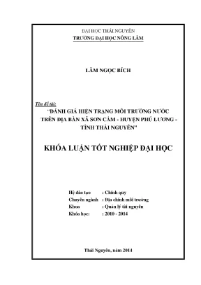 Luận văn thạc sĩ đánh giá hiện trạng môi trường nước trên địa bàn xã sơn cẩm huyện phú lương tỉnh thái nguyên