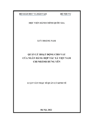 Luận văn thạc sĩ quản lý hoạt động cho vay của ngân hàng hợp tác xã việt nam chi nhánh hưng yên