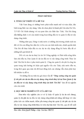 Luận văn thạc sĩ tăng cường công tác quản lý chi phí các dự án đầu tư xây dựng công trình thủy lợi tại ban quản lý dự án đầu tư và xây dựng công trình thủy lợi tỉnh yên bái