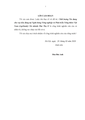 Luận văn thạc sĩ chất lượng tín dụng cho vay tiêu dùng tại ngân hàng nông nghiệp và phát triển nông thôn việt nam agribank chi nhánh phú thọ ii