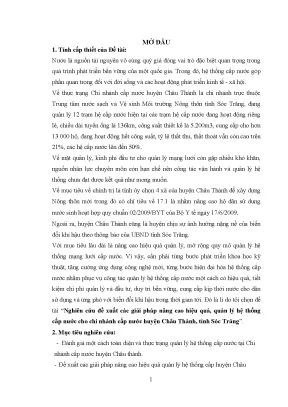 Luận văn thạc sĩ nghiên cứu đề xuất các giải pháp nhằm nâng cao hiệu quả quản lý hệ thống cấp nước cho chi nhánh cấp nước huyện châu thành tỉnh sóc trăng