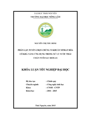 Luận văn thạc sĩ phân lập tuyển chọn chủng vi khuẩn nitrat hóa có khả năng ứng dụng trong xử lý nước thải chăn nuôi sau biogas