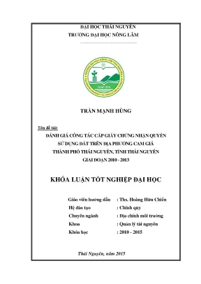 Luận văn thạc sĩ đánh giá công tác cấp giấy chứng nhận quyền sử dụng đất trên địa bàn phường cam giá thành phố thái nguyên tỉnh thái nguyên giai đoạn 2010 2013