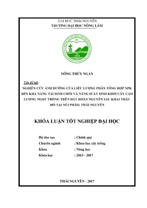 Luận văn nghiên cứu ảnh hưởng của liều lượng phân tổng hợp npk đến khả năng tái sinh chồi và năng suất sinh khối cây cao lương ngọt trồng trên đất hoàn nguyên sau khai thác mỏ